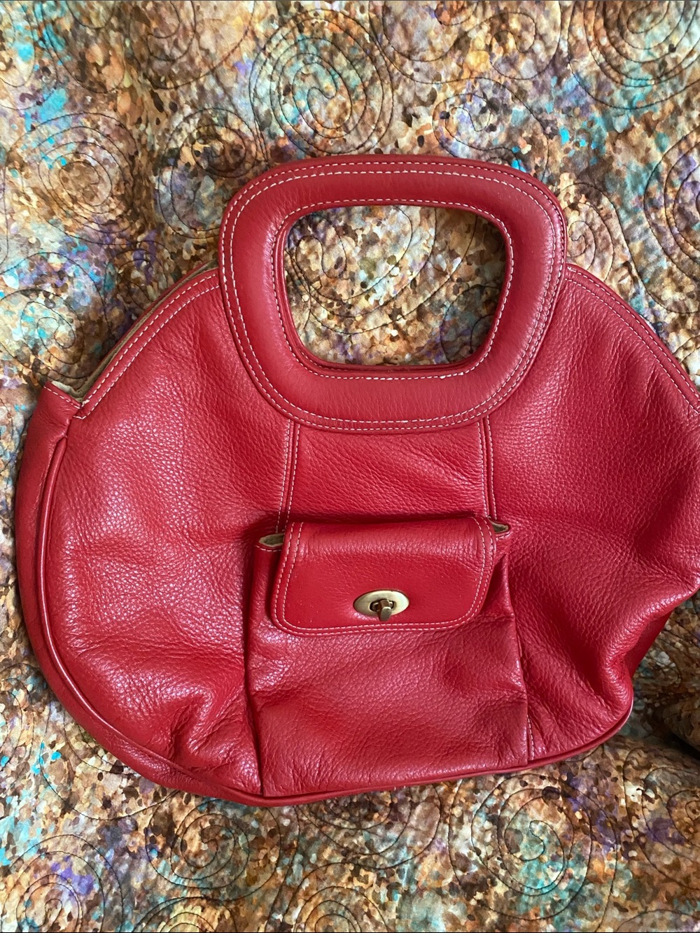 Structured Red Leather Tote with Front Turn-Lock Pocket